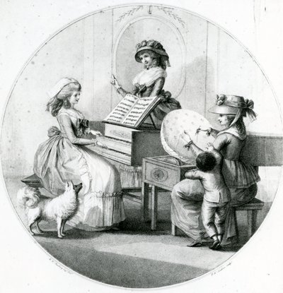 Morning Employments, Three Young Girls with Spinet and Embroidering by Henry William Bunbury